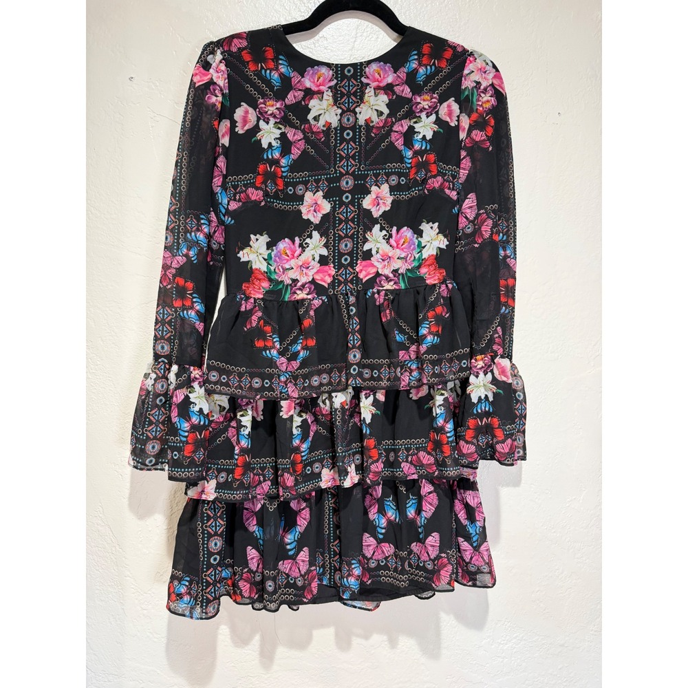 Bebe Womens Butterfly Floral Tiered Ruffle Mini Dress Black Multi Long Sleeve XS